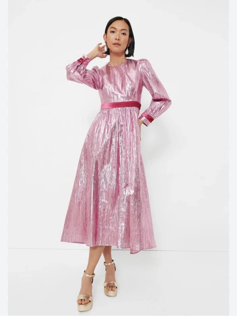 NWT Hyacinth House Tuckernuck Pink Metallic Plisse Eloise Midi Dress Gown XS